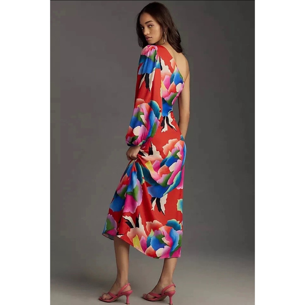 Farm Rio One Shoulder Dress Anthropologie Abstract Floral Midi Slit Size Small - Picture 4 of 14